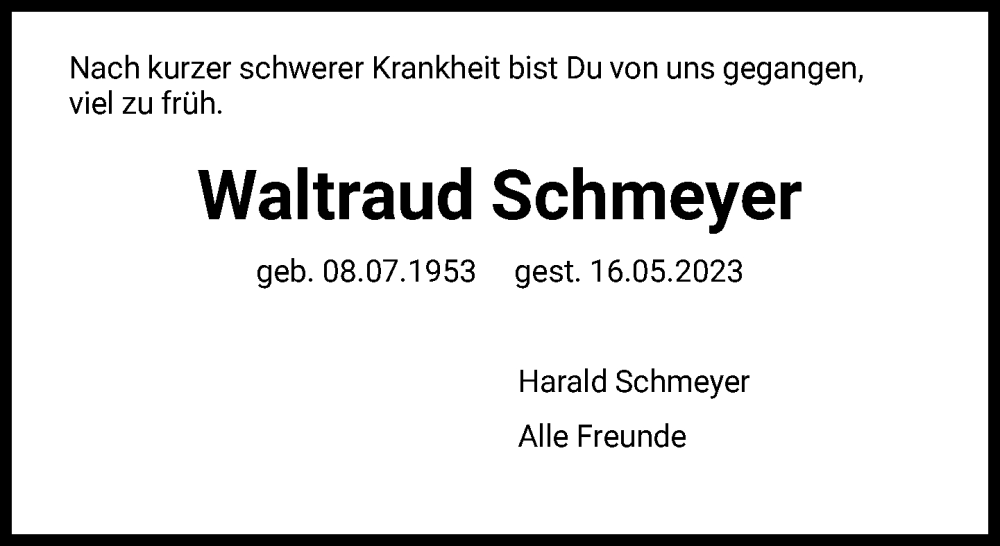  Traueranzeige für Waltraud Schmeyer vom 20.05.2023 aus FNP