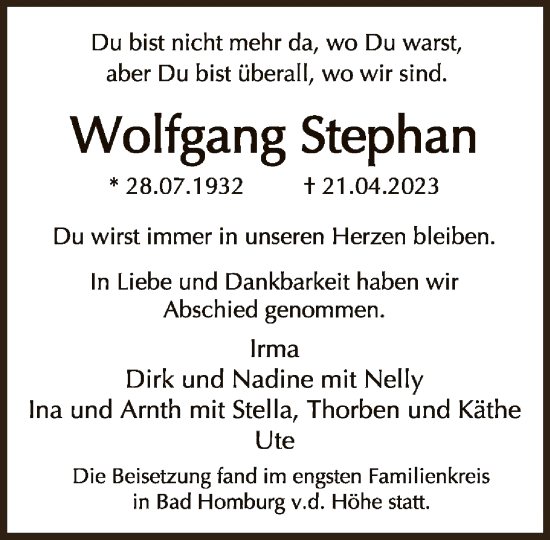 Traueranzeige von Wolfgang Stephan von FNP
