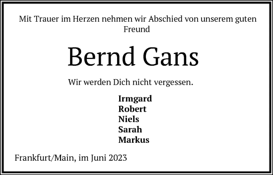 Traueranzeige von Bernd Gans von FNP