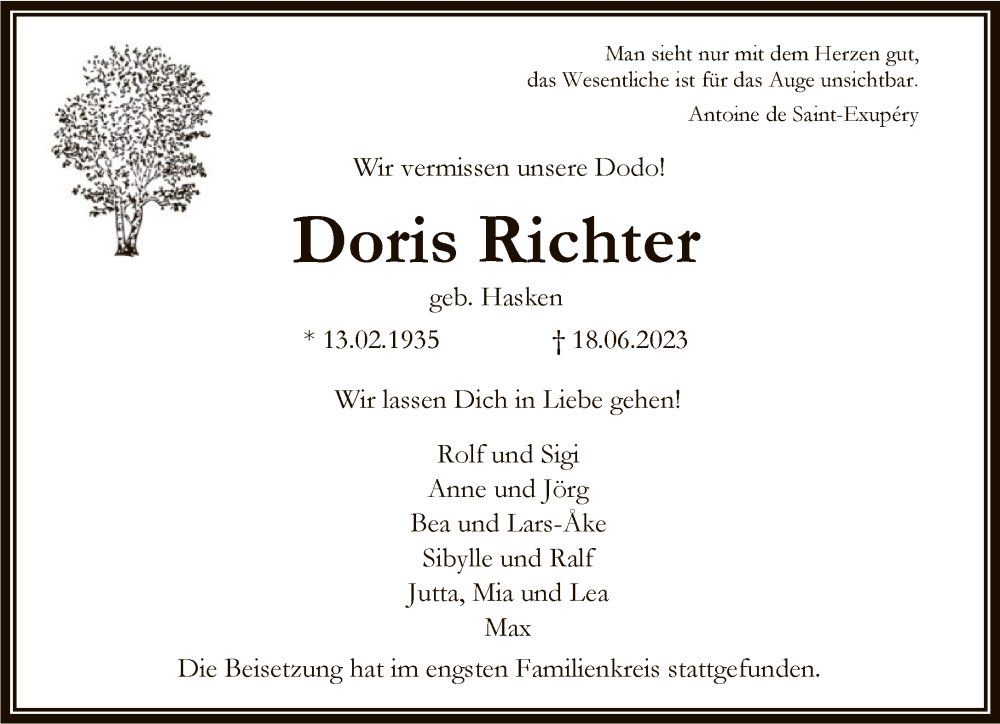  Traueranzeige für Doris Richter vom 01.07.2023 aus FNP