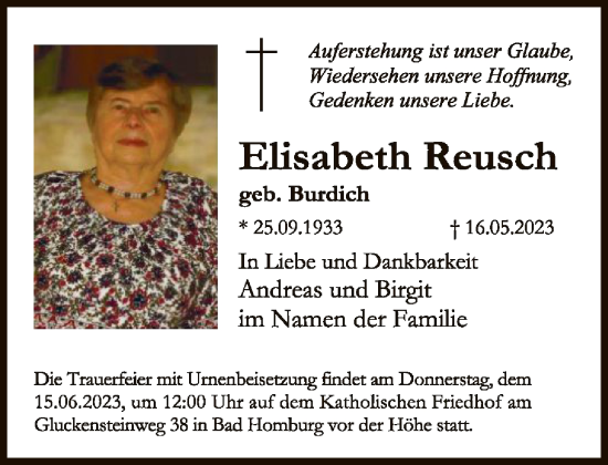 Traueranzeige von Elisabeth Reusch von FNP