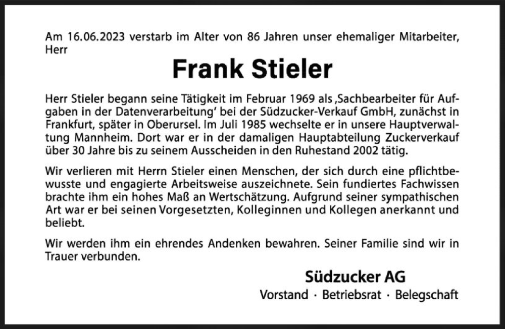  Traueranzeige für Frank Stieler vom 01.07.2023 aus FNP