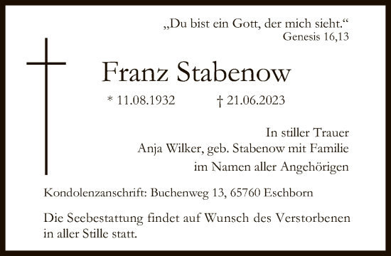 Traueranzeige von Franz Stabenow von FNP