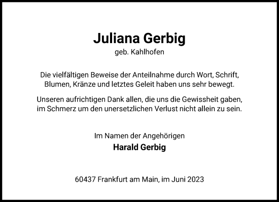 Traueranzeige von Juliana Gerbig von FNP