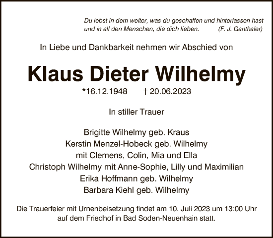 Traueranzeige von Klaus Dieter Wilhelmy von FNP