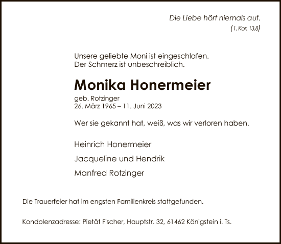 Traueranzeige von Monika Honermeier von FNP