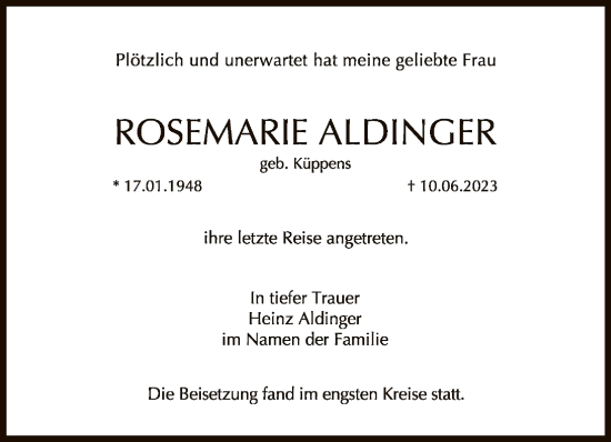 Traueranzeige von Rosemarie Aldinger von FNP