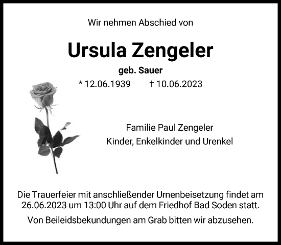 Traueranzeige von Ursula Zengeler von FNP