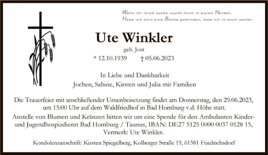 Traueranzeige von Ute Winkler von FNP