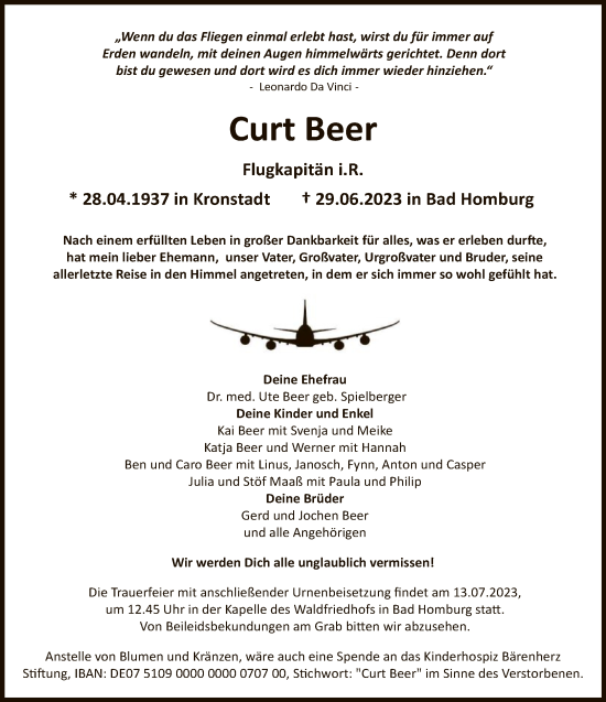 Traueranzeige von Curt Beer von FNP