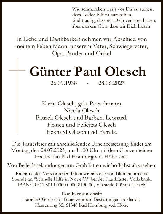 Traueranzeige von Günter Paul Olesch von FNP