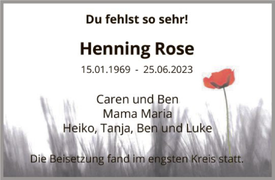 Traueranzeige von Henning Rose von FNP