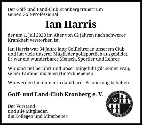 Traueranzeige von Ian Harris von FNP