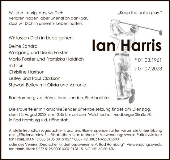 Traueranzeige von Ian Harris von FNP