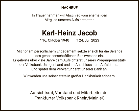 Traueranzeigen von KarlHeinz Jacob trauerrheinmain.de