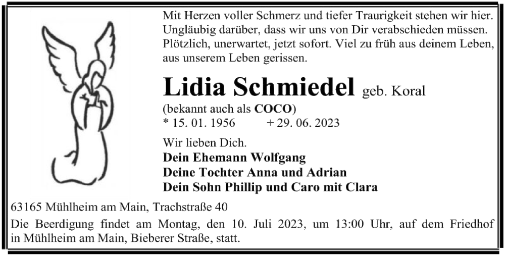  Traueranzeige für Lidia Schmiedel vom 08.07.2023 aus FNP