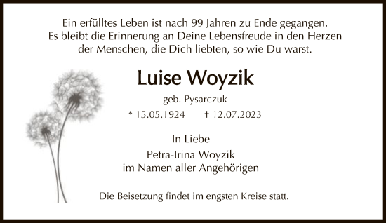 Traueranzeige von Luise Woyzik von FNP