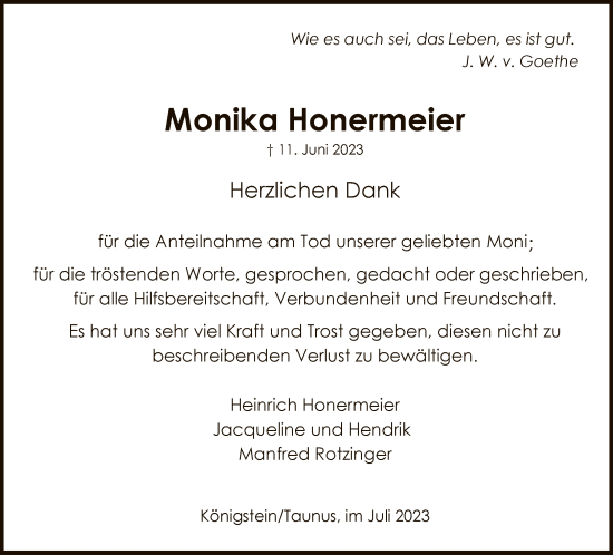 Traueranzeige von Monika Honermeier von FNP