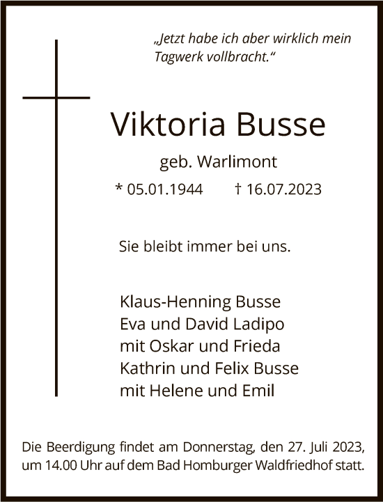 Traueranzeige von Viktoria Busse von FNP