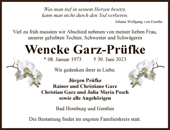 Traueranzeige von Wencke Garz-Prüfke von FNP