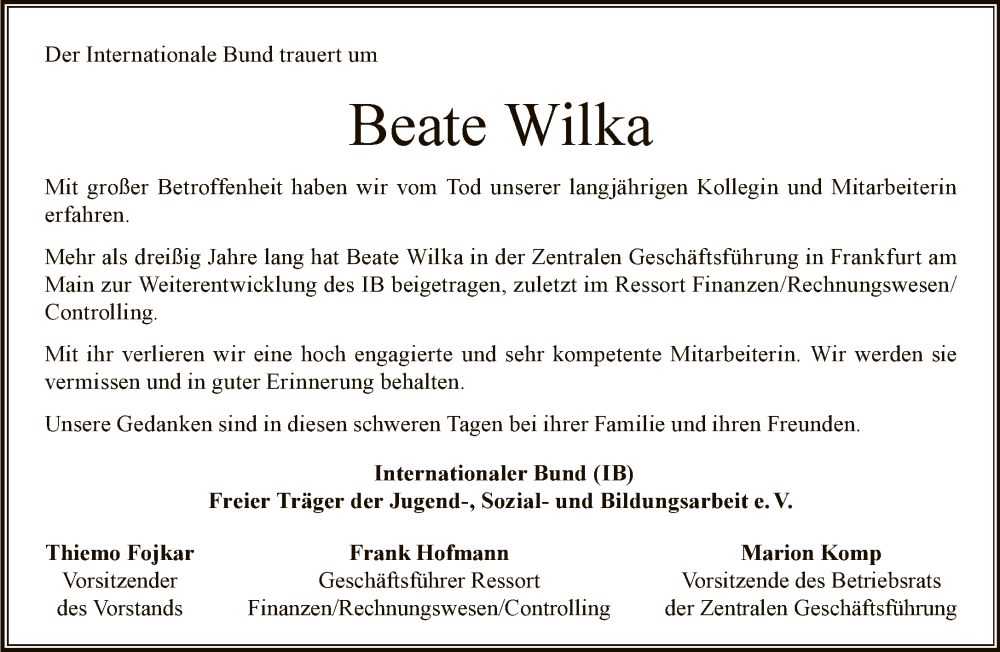  Traueranzeige für Beate Wilka vom 12.08.2023 aus FNP