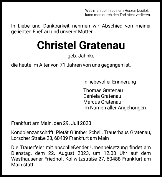 Traueranzeige von Christel Gratenau von FNP