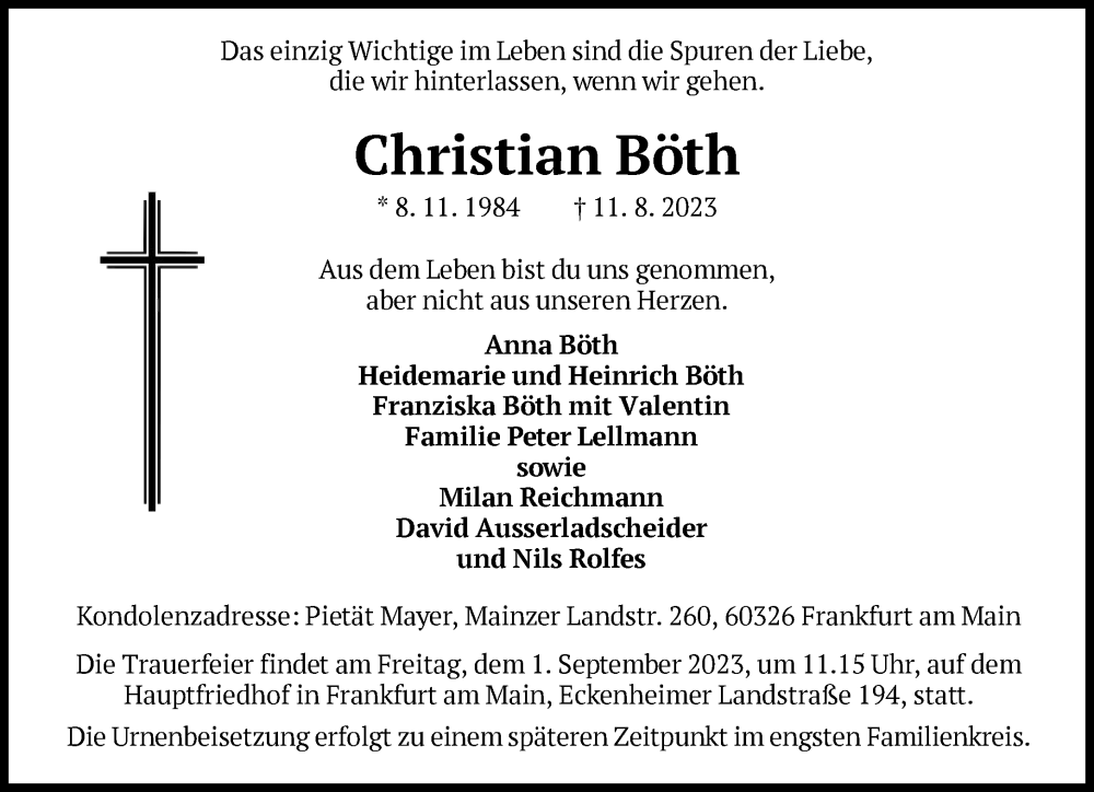  Traueranzeige für Christian Böth vom 19.08.2023 aus FNP
