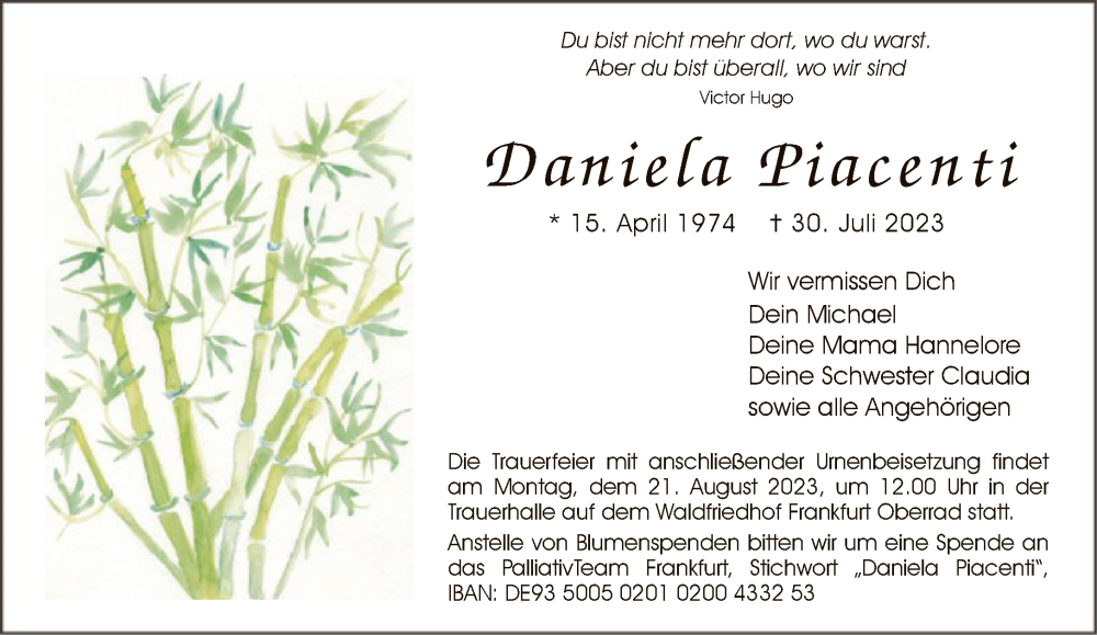  Traueranzeige für Daniela Piacenti vom 12.08.2023 aus FNP