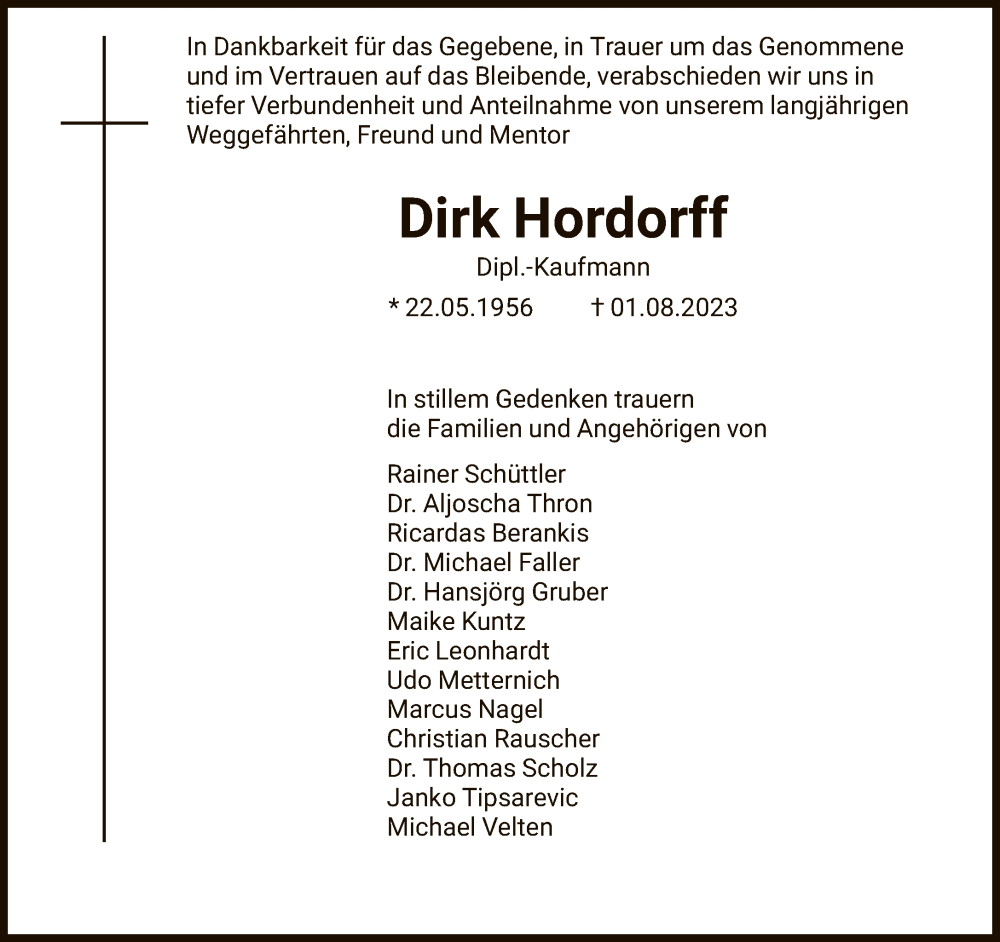  Traueranzeige für Dirk Hordorff vom 05.08.2023 aus FNP