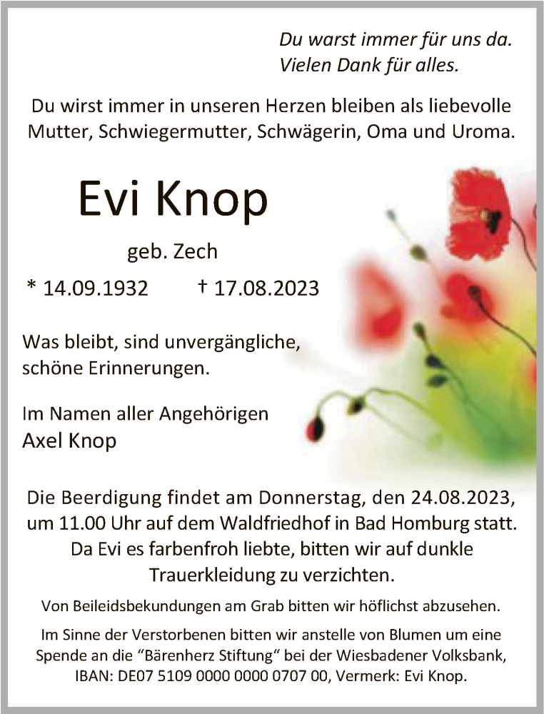  Traueranzeige für Evi Knop vom 19.08.2023 aus FNP