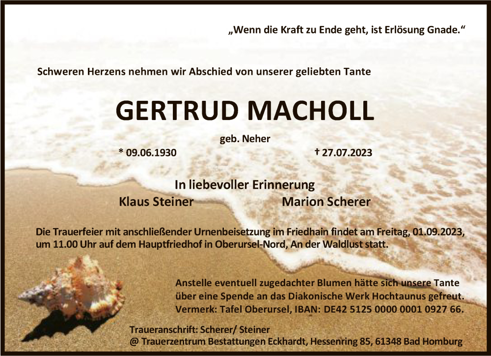  Traueranzeige für Gertrud Macholl vom 25.08.2023 aus FNPFNPFNP