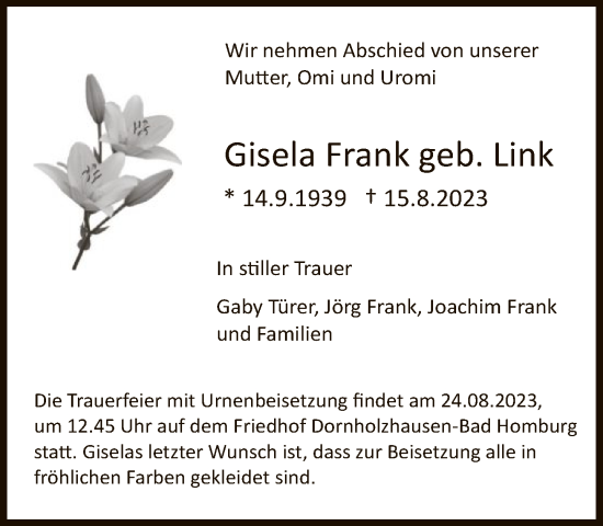 Traueranzeige von Gisela Frank von FNP