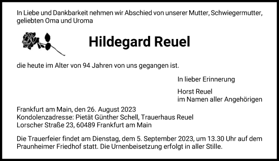 Traueranzeige von Hildegard Reuel von FNPFNPFNP