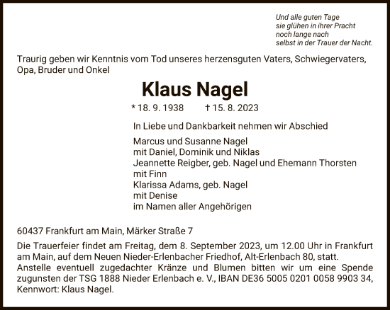 Traueranzeige von Klaus Nagel von FNP