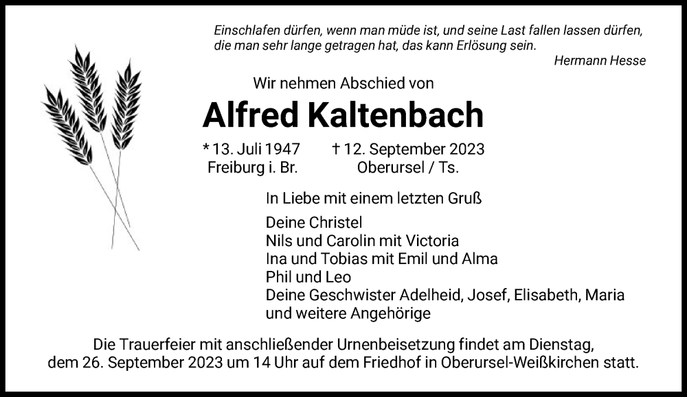  Traueranzeige für Alfred Kaltenbach vom 16.09.2023 aus FNP