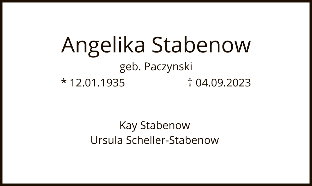  Traueranzeige für Angelika Stabenow vom 15.09.2023 aus FNP