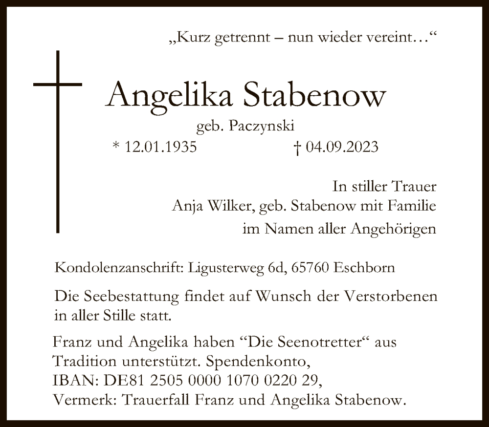  Traueranzeige für Angelika Stabenow vom 15.09.2023 aus FNP
