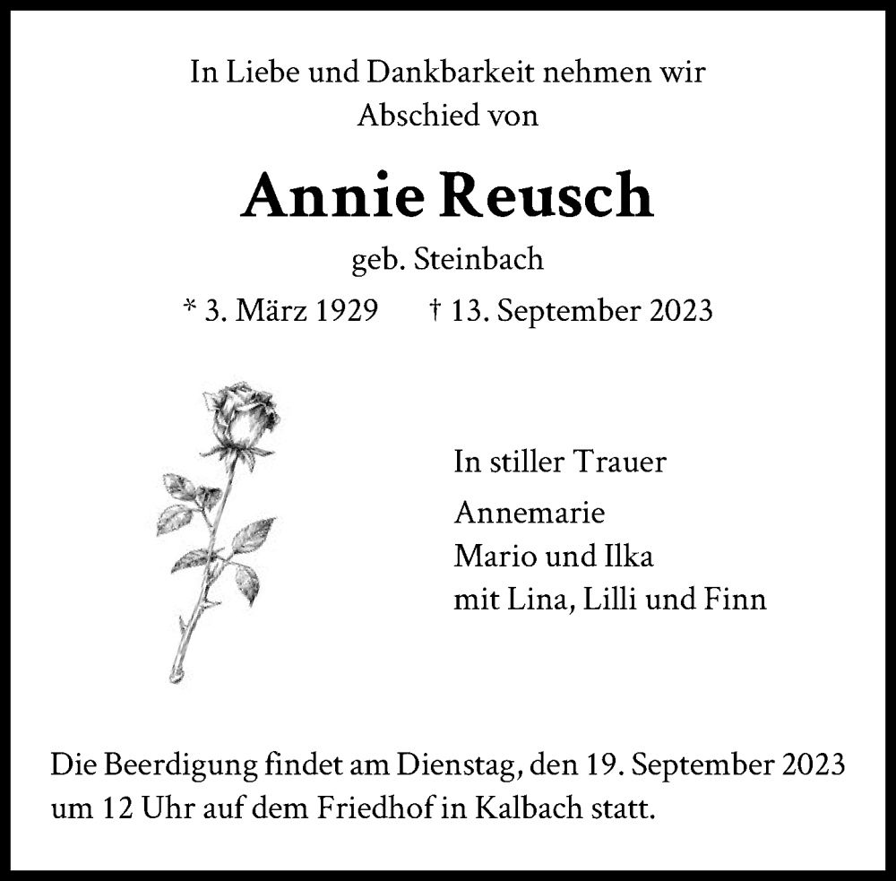  Traueranzeige für Annie Reusch vom 16.09.2023 aus FNP
