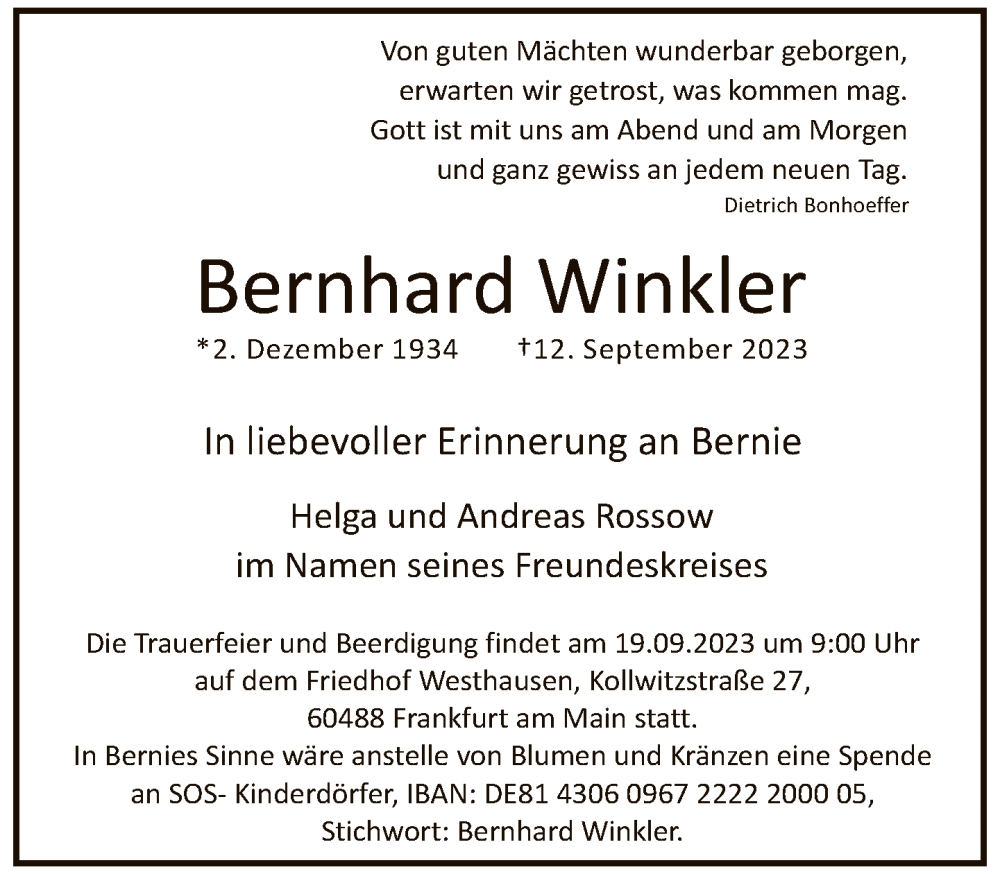  Traueranzeige für Bernhard Winkler vom 16.09.2023 aus FNP
