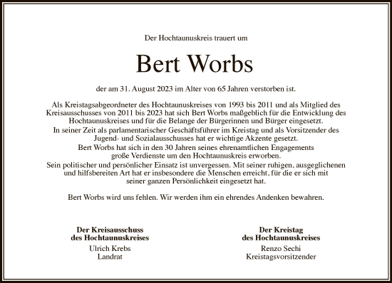 Traueranzeige von Bert Worbs von FNP