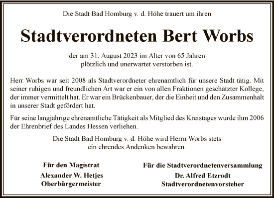 Traueranzeige von Bert Worbs von FNP