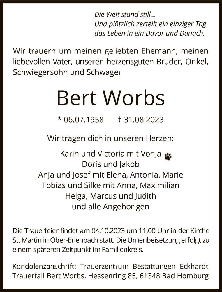  Traueranzeige für Bert Worbs vom 30.09.2023 aus FNP