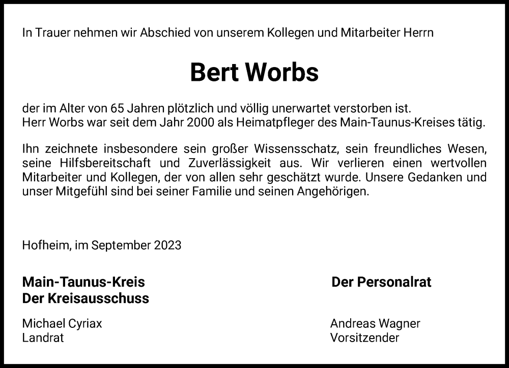  Traueranzeige für Bert Worbs vom 30.09.2023 aus FNP