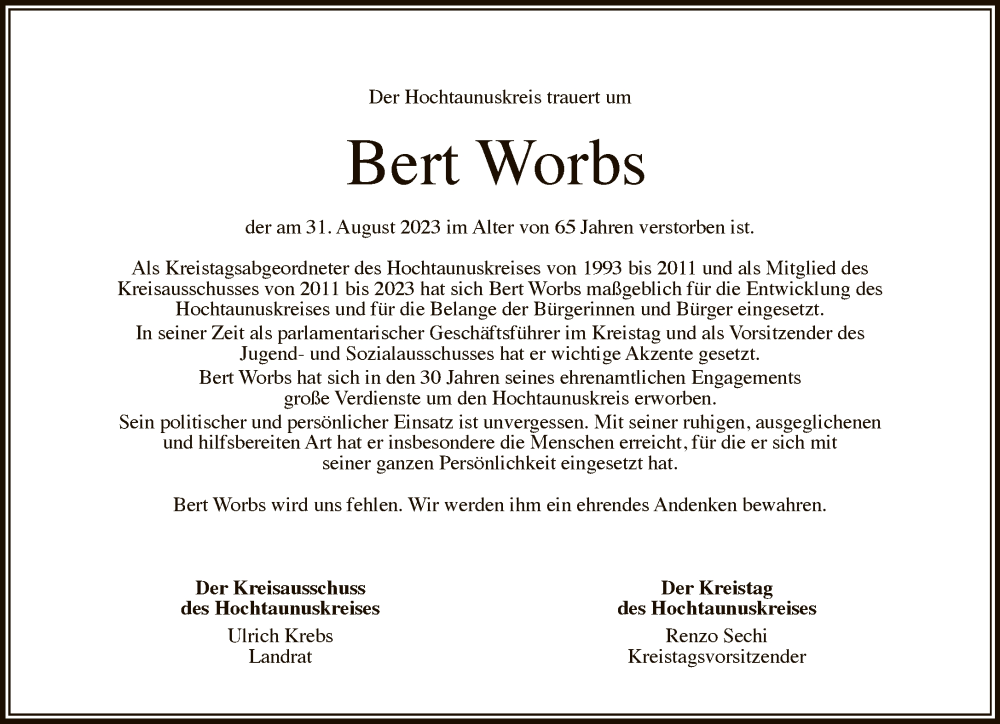  Traueranzeige für Bert Worbs vom 30.09.2023 aus FNP