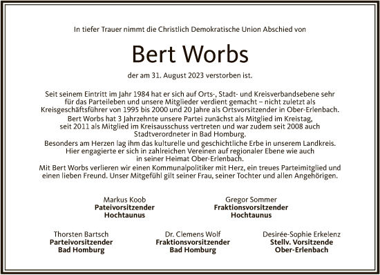 Traueranzeige von Bert Worbs von FNP