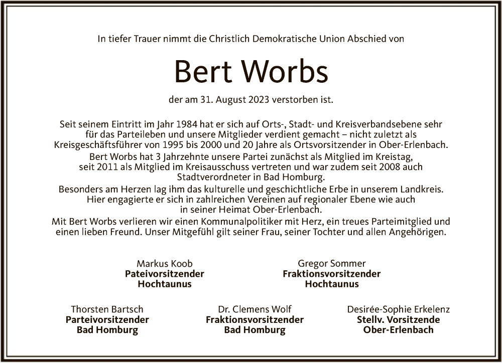  Traueranzeige für Bert Worbs vom 30.09.2023 aus FNP