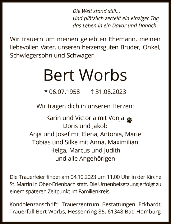 Traueranzeige von Bert Worbs von FNP