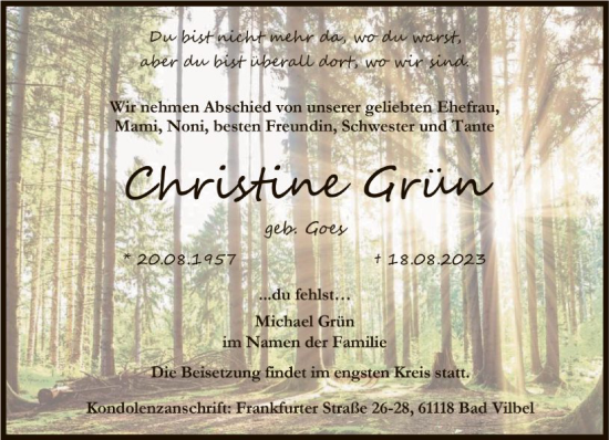 Traueranzeige von Christine Grün von FNP