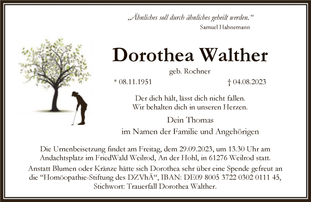  Traueranzeige für Dorothea Walther vom 23.09.2023 aus FNP