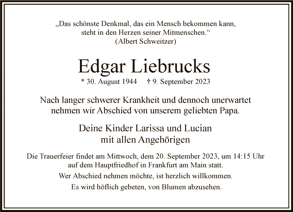  Traueranzeige für Edgar Liebrucks vom 14.09.2023 aus FNP